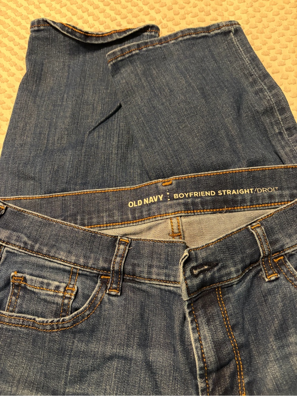 Old Navy Woman’s Boyfriend Straight Jeans - Medium Blue with Gold Stitching